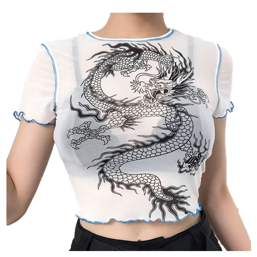 

Chinese Dragon Print Sheer Mesh T-Shirt Women's Spring Summer Stretch Net Short Skinny Bottoming Shirt Top