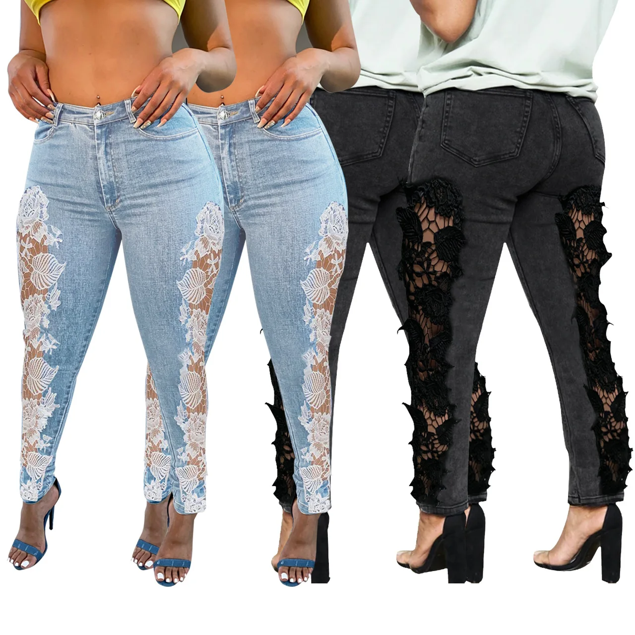 

Lace Patchwork Women Denim Pants Retro Solid Sexy Hollow Out Jeans Ripped Trousers Street Skinny High Waist Lady Pencil Pants