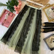Осенняя Женская винтажная длинная юбка новая Корейская версия эластичная высокая талия кружева лоскутное до середины икры элегантная юбка Макси-тюль
