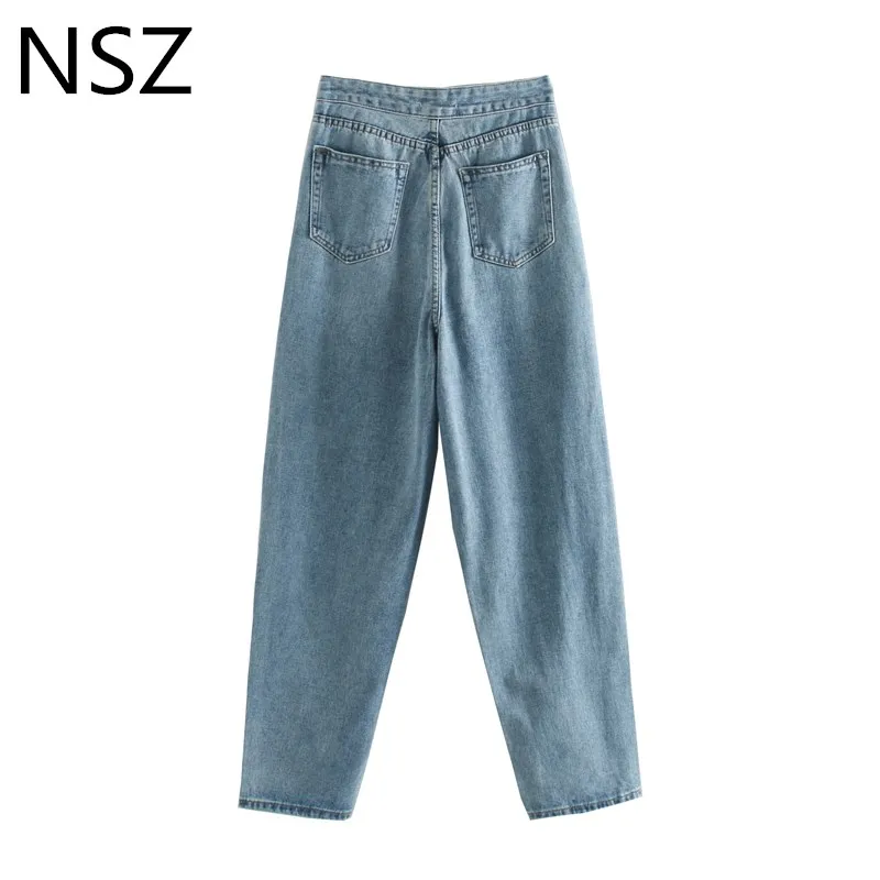 NSZ женские синие джинсы с высокой талией, свободные, повседневные, широкие, плиссированные, джинсовые штаны-шаровары, steetwear boyfriends mom pants