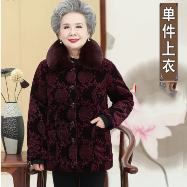 Brown round flower Хлопковое пальто для бабушек на осень и зиму, бархатная Толстая парка, куртка для женщин, одежда для пожилых женщин, зимнее пальто с меховым воротником, 5XL - Цвет: Brown round flower