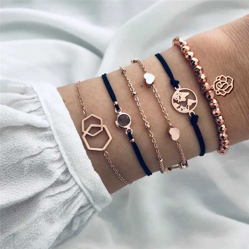 

LETAPI 6 Pcs/ Set Gold Color Geometric Map Heart Bracelets Set Multilayer Chain Black Stone Bracelet For Woman Fashion Jewelry