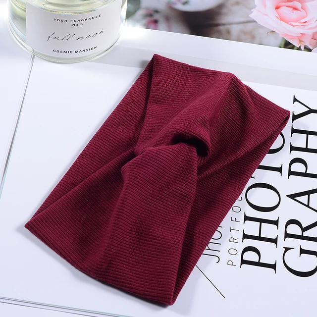 Women Headband Twist Turban Solid Wide Knitted Knotted Yoga Twisted Hairband Accessories For Turban Bandage Bandanas Hair Bands 01-Wine Red
