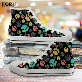 

FORUDESIGNS Cute Hand Painted Colorful Dog Paw Printing Female Canvas Shoes Spring/Autumn Woman's Sneakers High Top Footwear