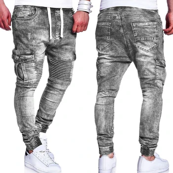 

Fashion Multiple Pocket Pleated Knee Slim Men Jeans Drawstring Casual Long Pants men 2020
