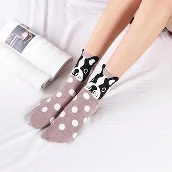 

6 Pairs Cartoon Cute Cat Mid-calf Socks Conventional Thickness Large Elasticity Cotton Striped Socks for Women Girls