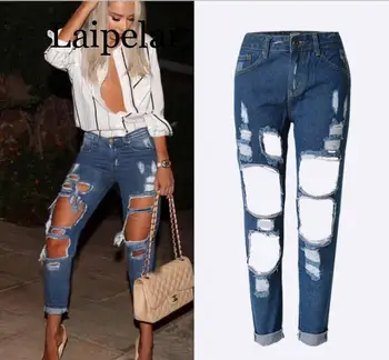 

Laipelar 2019 New Fashion Ripped Jeans Female Casual Washed Holes Boyfriend Jeans For Women Regular Long Torn Jeans Denim Pants