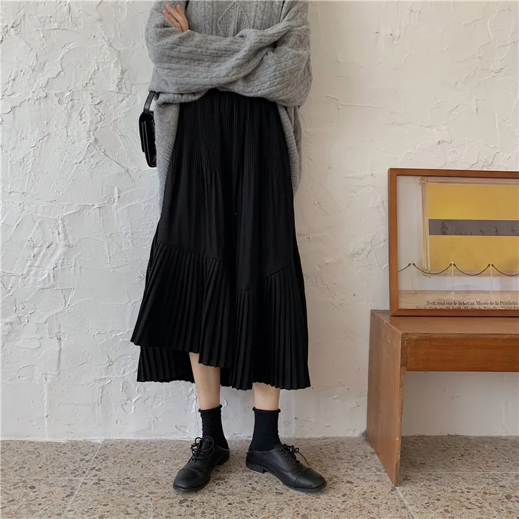 Новая свободная Уайлд Высокая талия юбка Женская Корейская Повседневная модная тонкая плиссированная юбка