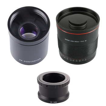 

900mm f/8 Telephoto Mirror Lens with T2-NEX Adapter for Sony NEX 3 5 7 A7 II A7R A3500 A5100 A6300 + 2X Teleconverter Lenses