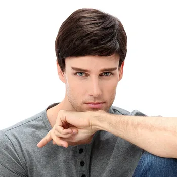 

Mens Brown Wig Male Guy Short Layered Cosplay Costume Party 100% Virgin Human Hair Straight Silk Base Full Lace Replacement Wig