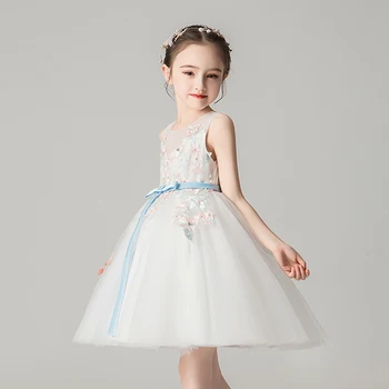 

Sundae Angel Girl Dress Summer Elegant Round Neck Embroidery Blue Belt Princess Dresses Mesh Children Party Ball Gown Costume