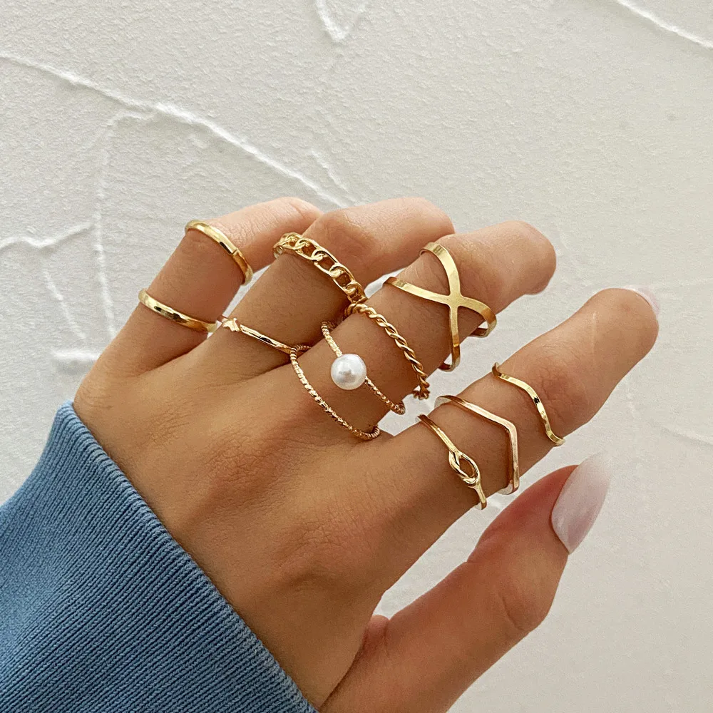 Trendy Metal Geometric Chain Knuckle Ring Set For Women Open Finger Rings Accessories Female Fashion Party Jewelry