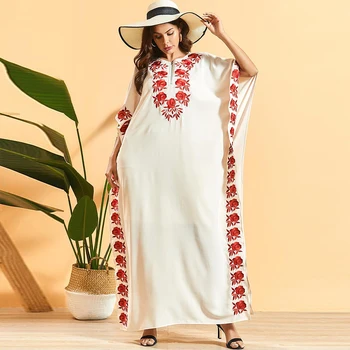 

Siskakia Indie Folk Batwing Sleeve Abaya Dress Fashion Geometric Floral Embroidery Muslim Dubai Ethnic Gowns Female Clothing