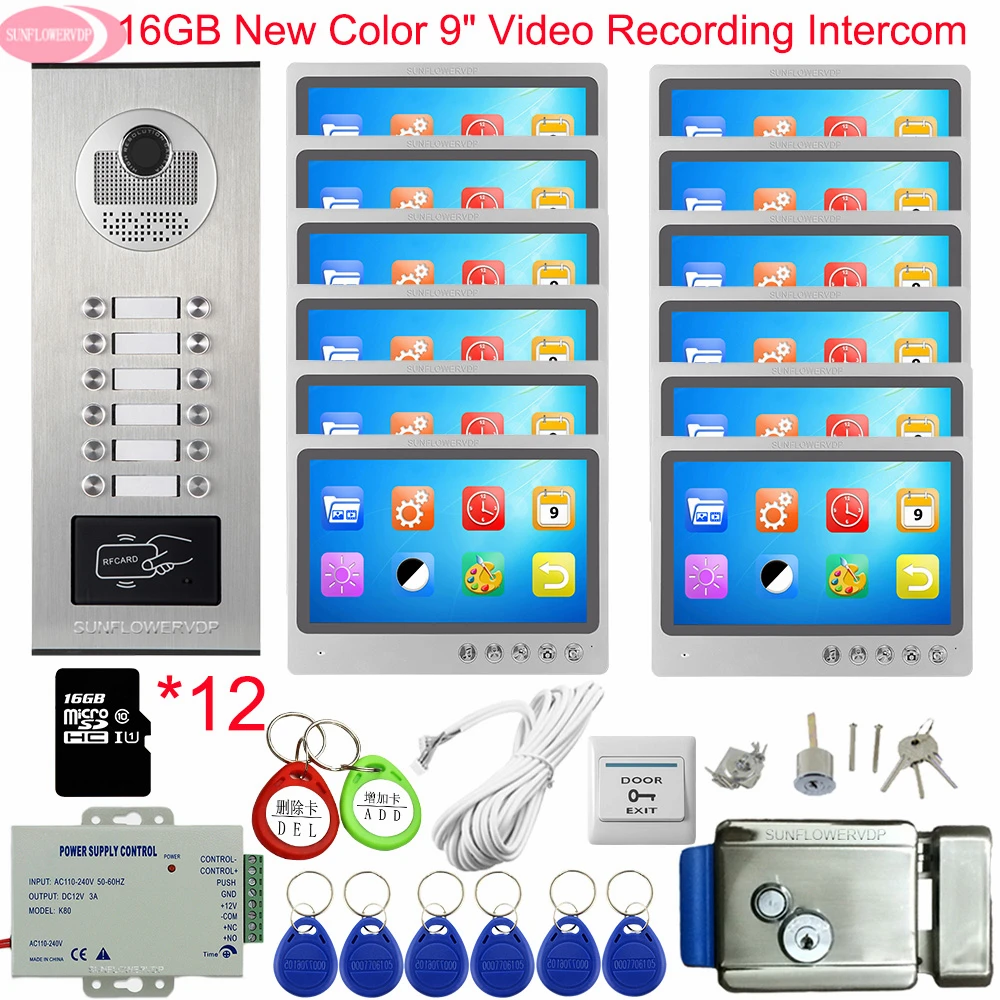 Video Intercom With Recording +16GB TF Card 9inch Intercoms for a Private House With a Lock Intercom to The 6/8/10/12 Apartments