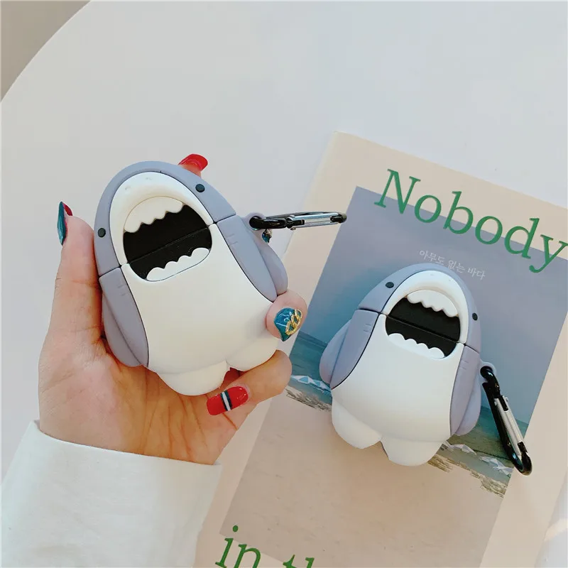 Для AirPod 2 Чехол 3D Белая Акула Мягкий силиконовый чехол с рисунком из мультфильма