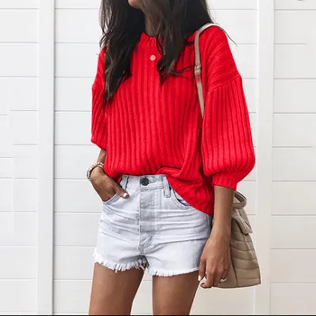 

Women Slim Solid O-Neck Loose Knitted 3/4 Latern Sleeve Pollover Sweater Sexy Pullover Blouse Cropped Jumper c820