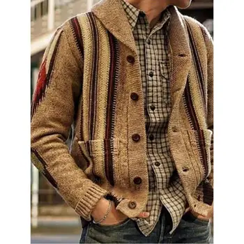Men’s Turn-Down Collar Cardigan Pocket Patchwork Autumn Winter thermal oversized Russia style Jacket Knitted Casual Male Sweater