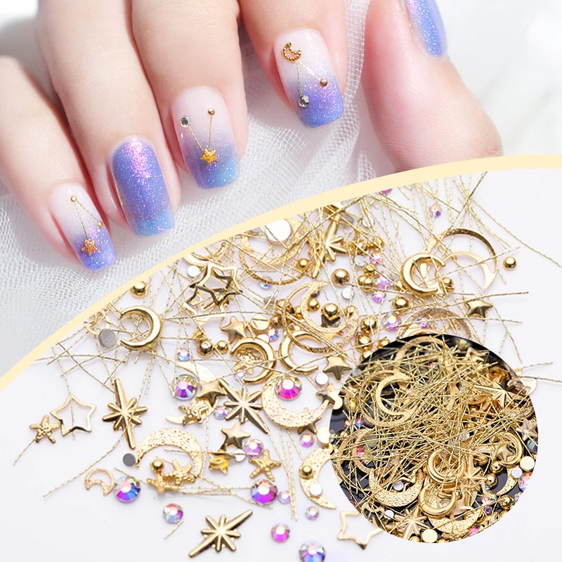 

Metal Gold Silver Color Nail Art Studs Rivet Beads AB Color Rhinestones Star Moon Shape Mixed Size Rose Gold 3D Decoration