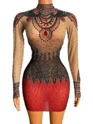 Black Red Long Sleeve Mesh Rhinestone Transparent Bar Dancer Prom Show Outfit Evening Birthday Celebrate Long Sleeves Dress
