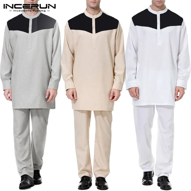 Conjuntos para hombre musulmán de retazos, camisas informales de manga larga, caftán árabe islámico de Dubái, trajes de 2 piezas para hombre, S-5XL, INCERUN, 2021