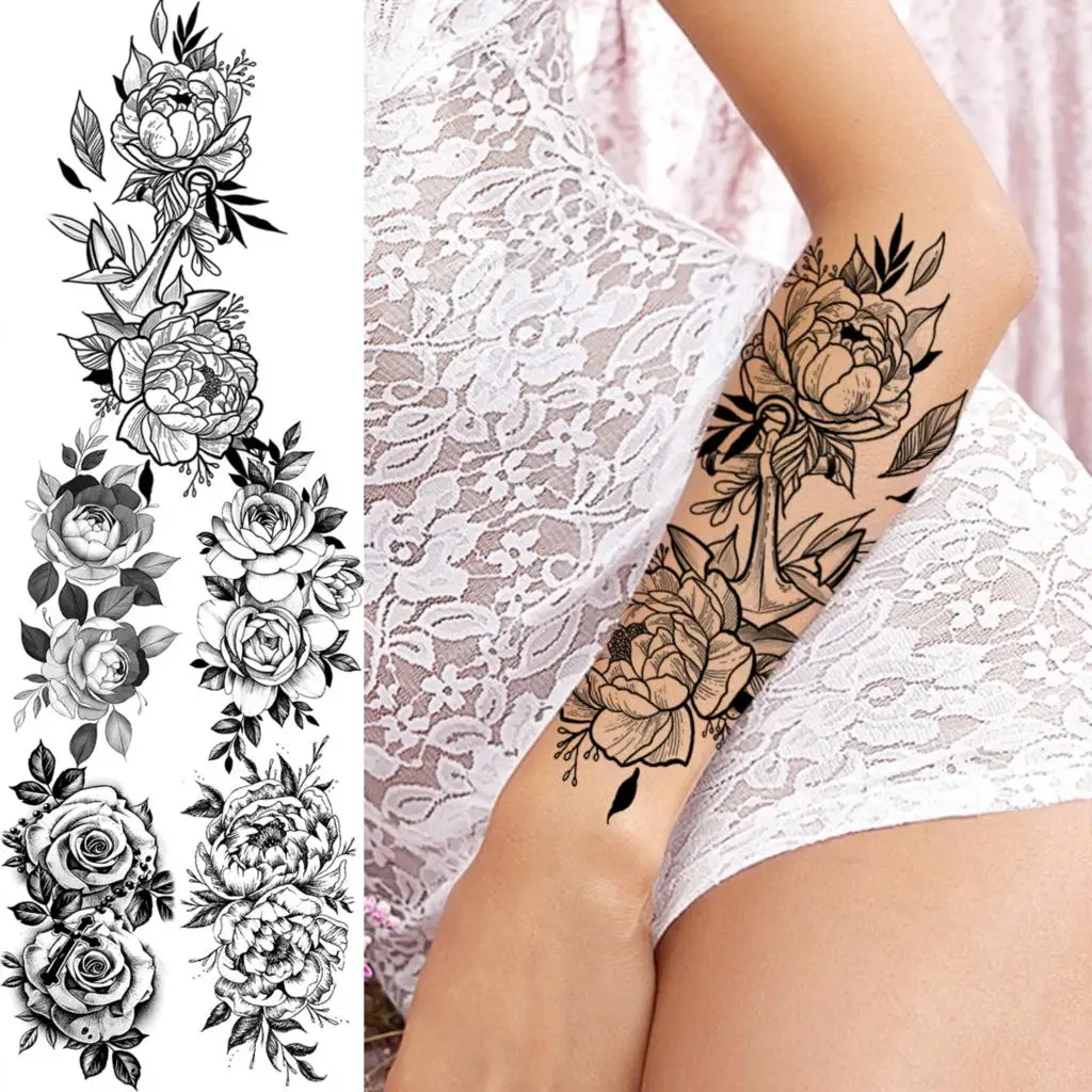 

3D Black Peony Flower Anchor Temporary Tattoos For Women Adult Rose Dahlia Cross Fake Tattoo Waterproof Half Sleeve Tatoos Decal