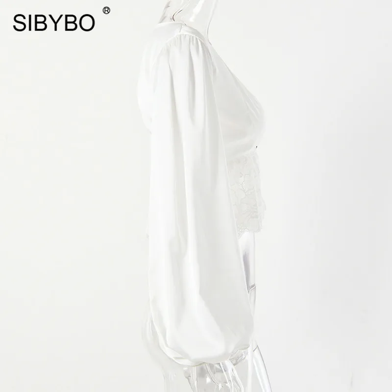 SIBYBO, кружевные вязанные крючком сексуальные женские топы, Весенняя тонкая футболка с длинным рукавом, Женская однотонная летняя укороченная футболка с v-образным вырезом для женщин
