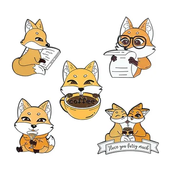 

Cartoon animal jewelry alloy brooch Personalized cute little fox drinking coffee reading book brooch Bag decoration badge