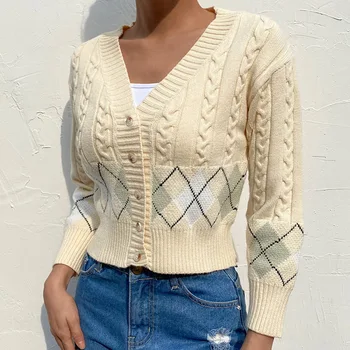 

Autumn Girls Yellow Y2K Argyle Cropped Cardigan Women Autumn Cute Casual Knitted Sweater V Neck Vintage Jumper Ladies Streetwear