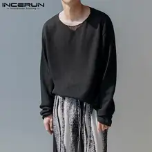 

INCERUN Korean Style New Men's Blouse Casual Streetwear Camiseta Solid Comfortable Color Round Neck Long-sleeved T-shirts S-5XL