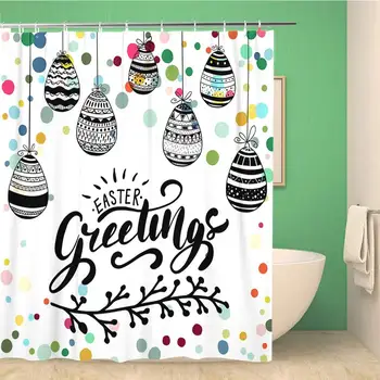 

Bathroom Shower Curtain Happy Easter Greeting Holiday Celebration Lettering Hanging Eggs Floral Polyester Fabric 66x72 inches