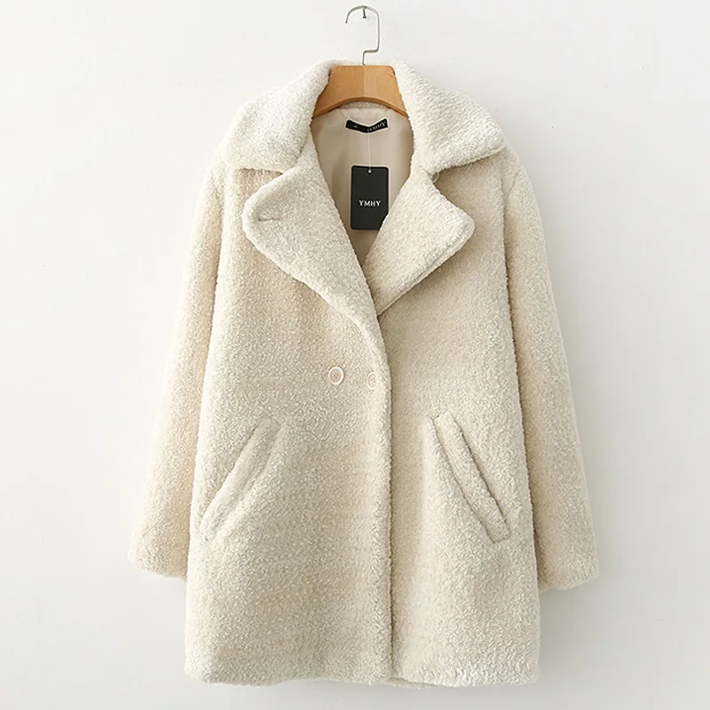 ZOEPO, зимние однотонные пальто из искусственного меха, женские модные толстые двубортные куртки, женские элегантные пальто с карманами для женщин