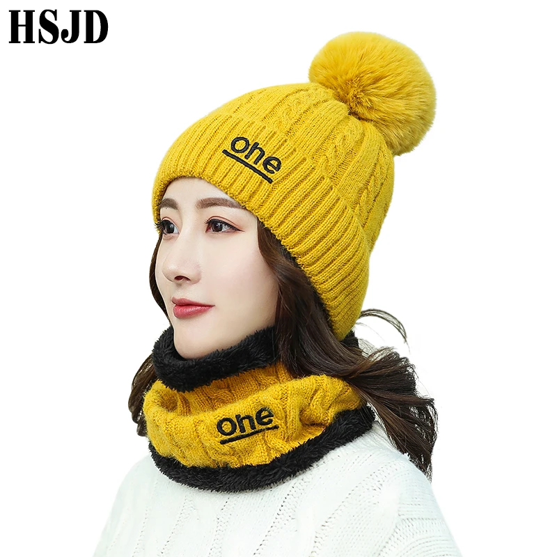

Female Winter Warm Cashmere Blends Knitted Hat With Scarf Set Letter Casual Women's Pompom Beanies Scarf Hats 2019 Neck Warmer