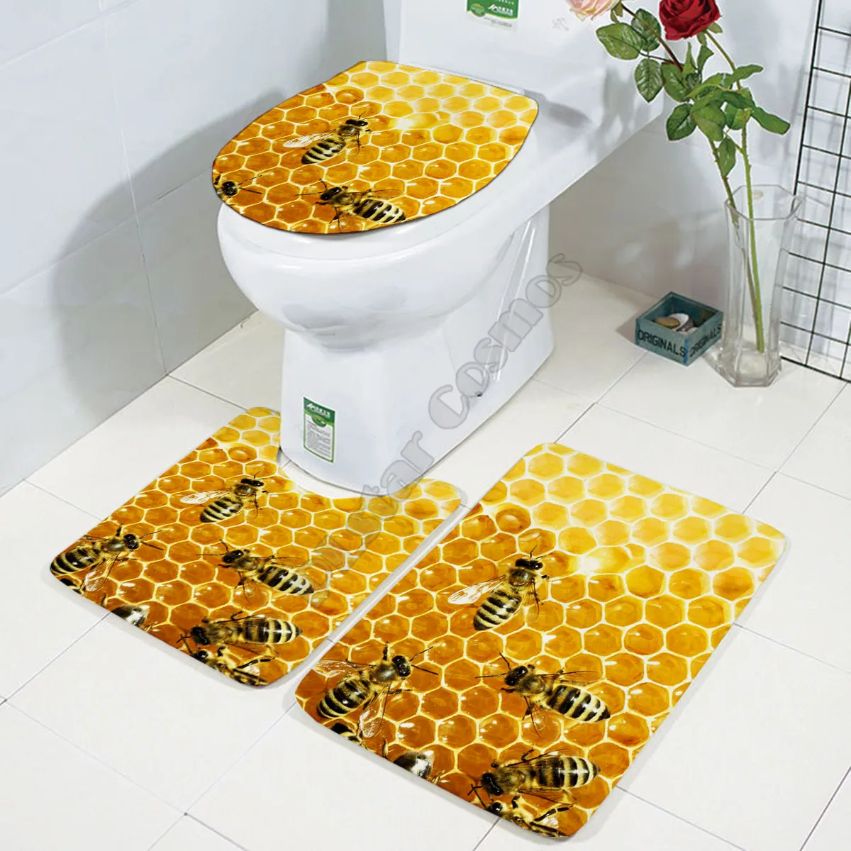 Bee pattern funny 3D printed Bathroom Pedestal Rug Lid Toilet Cover Bath Mat Set drop shipping | Дом и сад