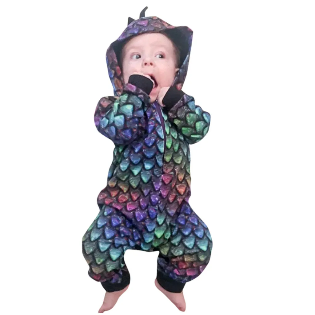 Детские ползунки с капюшоном для новорожденных мальчиков и девочек; мягкий теплый зимний комбинезон с длинными рукавами и рисунком динозавра; градиентный цвет; одежда с капюшоном