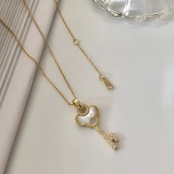 

Beautiful Key Zircon Necklace Real 925 Sterling Silver Gold Charm Shell Necklace Fashion Women Choker Necklace Wedding Jewelry