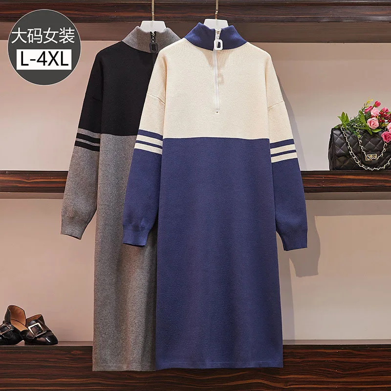 

Large Size Dress Fat Mm Autumn And Winter Stand Collar Loose-Fit Mid-length Sweater Dress Large GIRL'S Contrast Color Belly Cove