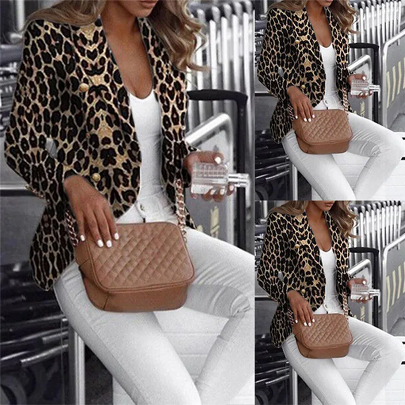 Трендовая Женская одежда с длинным рукавом, приталенное женское хлопковое пальто, кардиган с леопардовым принтом, повседневная верхняя одежда из одного предмета