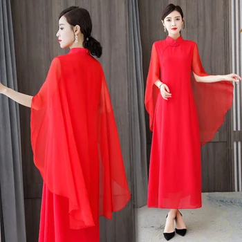 

2020 Chinese Red Shawl Fairy Improved Chiffon Dress Robe Femme Roupas Feminina Vestido Midi Plus Size 3xl Dresses Office Lady