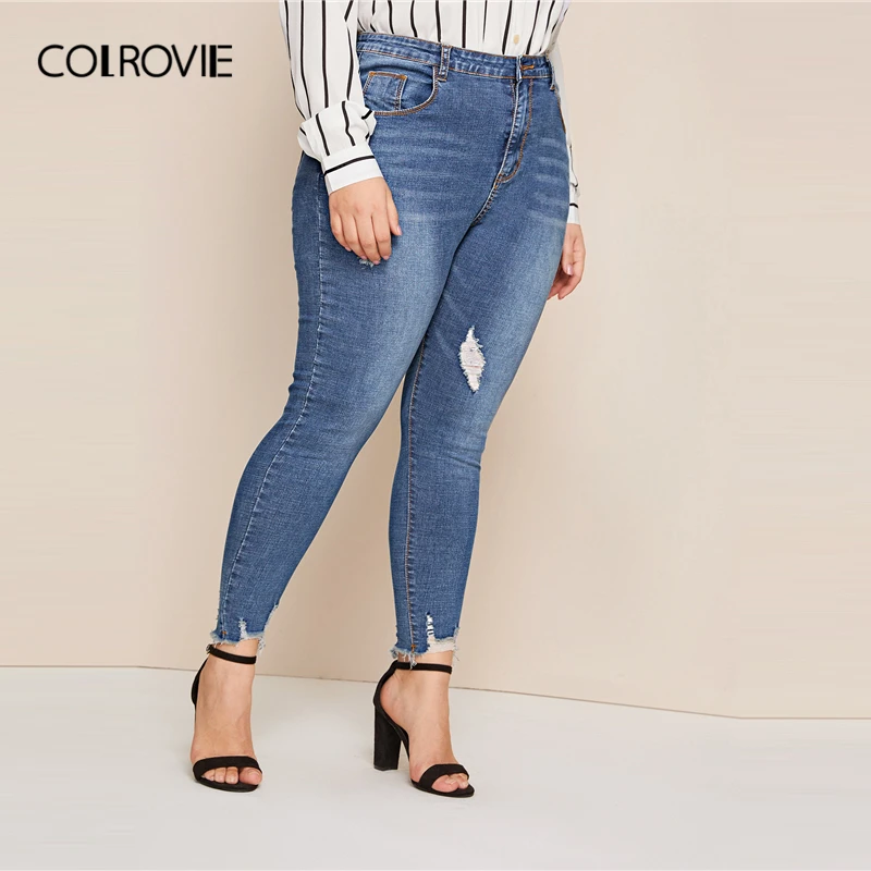 Женские рваные джинсы с потертостями COLROVIE Plus осень 2019 синие на пуговицах