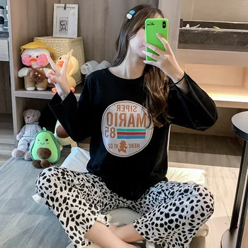 

Women 2PCS Cotton Pajamas Suit Cute Letter Print Black Top&Leopard Pant Sleepwear Casual Home Wear Spring Autumn New Nightwear