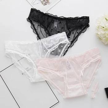 

Woman Bow Panties 2020 Summer New Briefs Solid Sexy Lace Cute Bow Dots Thin Breathable Girl Underwear Transparent Woman Panties