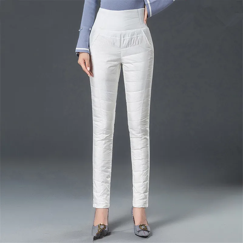 

Winter Down Pants Women High Waist Elastic Out Wear 90% White Duck Down Waterproof Slim Casual Pencil Pants Female Trousers 4XL