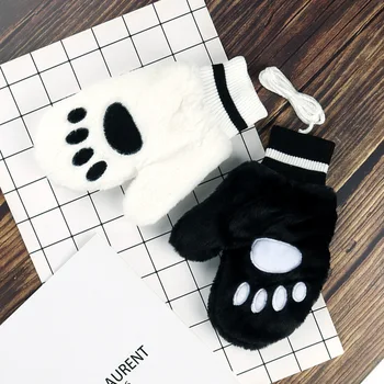 

Gloves, girls, winter cartoons, cute, velvet, thicker, warm, all fingers hanging neck gloves, Korean version