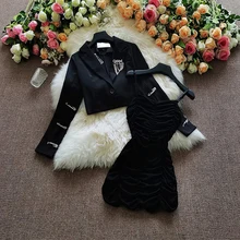 Vestido Sexy de algodón con pliegues para mujer, elegante corto broche con borla, chaqueta, chaquetas, conjuntos de dos piezas, novedad de Otoño de 2021