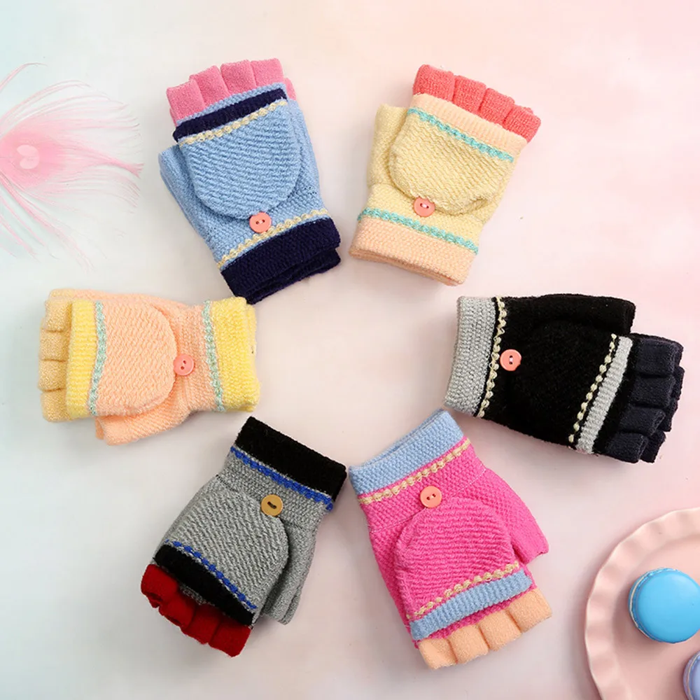 Зимние Детские перчатки, вязаные теплые перчатки на весь палец, повседневные перчатки, мягкие варежки ярких цветов для детей, варежки на запястье