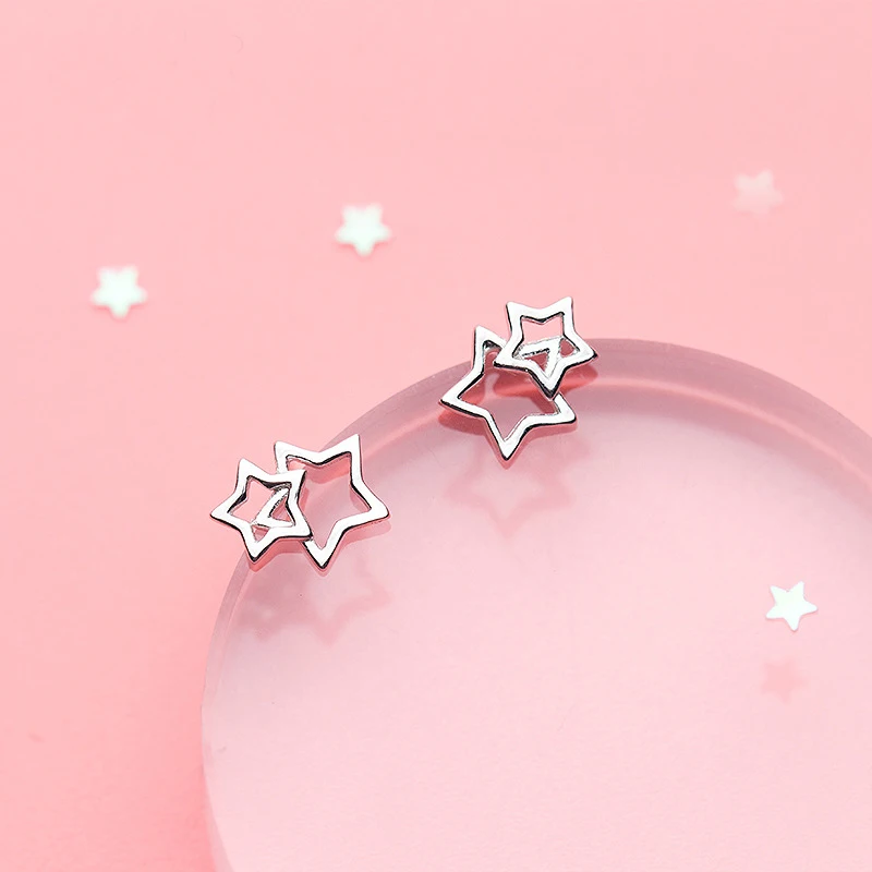 

Star Stud Earrings Real 925 Sterling Silver Double Hollow Stars Earrings Simple Jewelry for Women Girls