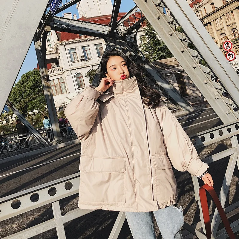 

Photo Shoot Douyin Super Fire CHIC IOUs Covered Edge Stand Collar BF Hooded down Coat Loose-Fit Large Pocket Workwear Cotton-pad