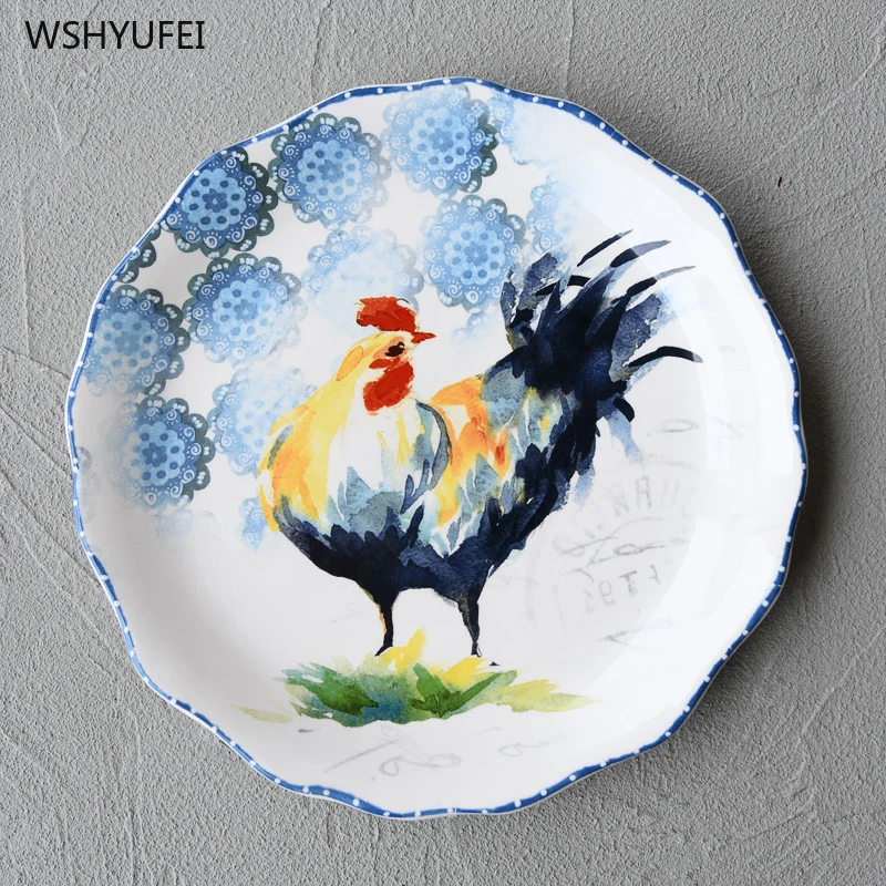 Idyllic style hand-painted rooster ceramic dish tableware Western flat plate steak salad snacks snacks dessert cake storage tray
