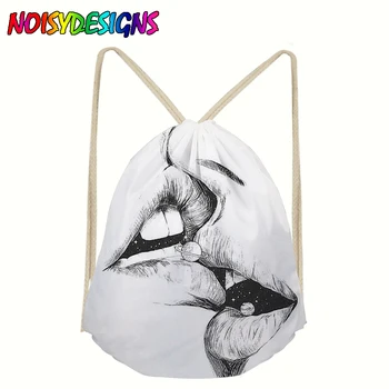 

NOISYDESIGNS Sexy Lips Print Drawstring Bag Men Women Strap Package Bags Backpack Black White String Sack Beach Travel Storage