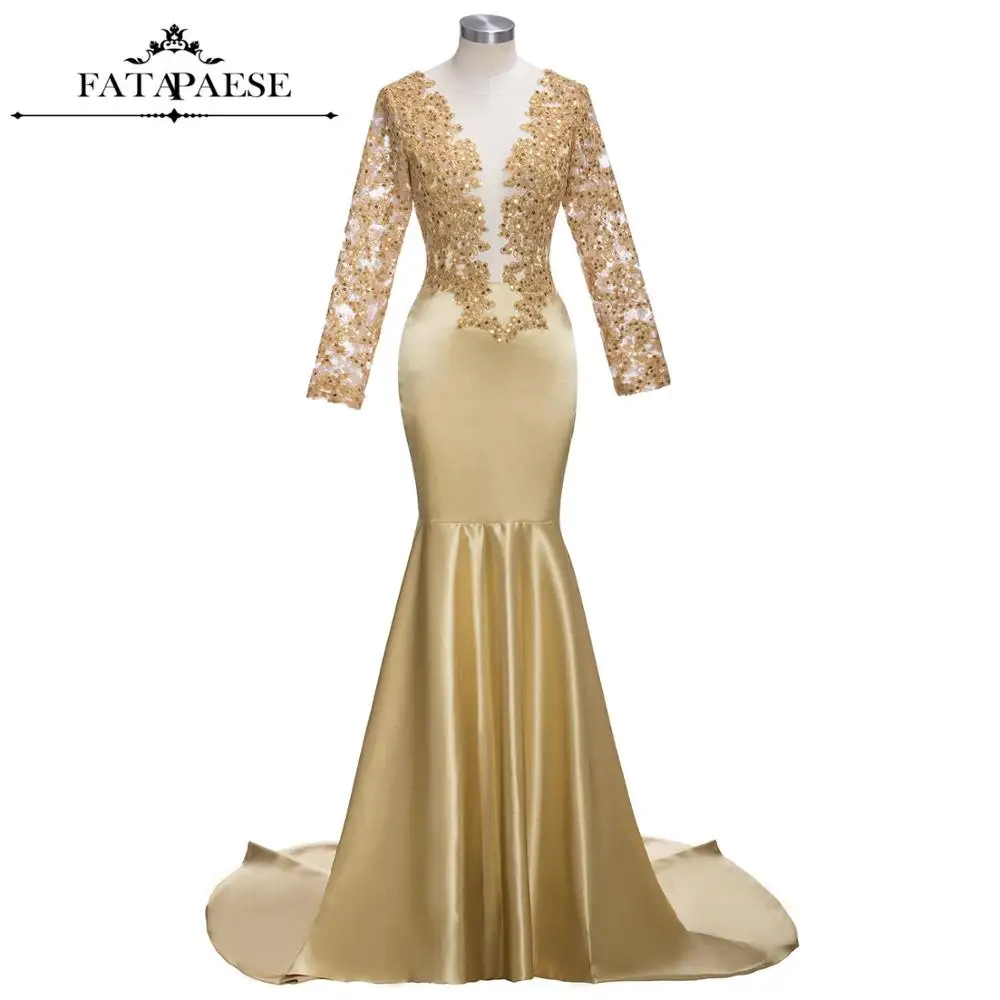 

Elegant Golden Long Sleeve Evening Dresses Applique With Sequin Evening Gowns Mermaid Dress For Graduation Party Robe De Soriee
